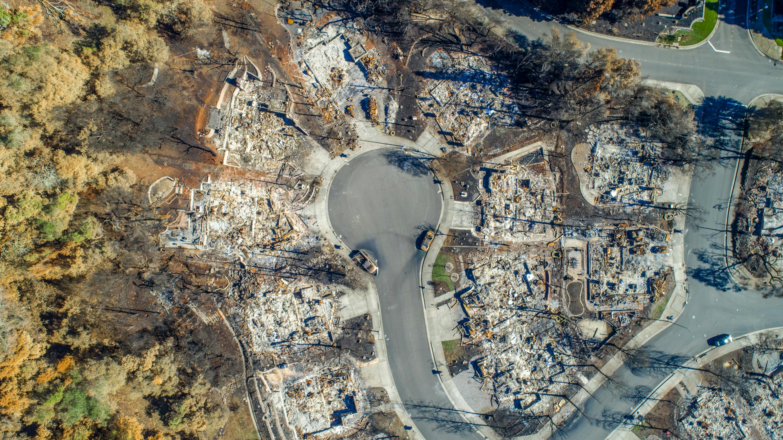 Aerial view of wildfire devastation showing destroyed homes surrounded by intact forest